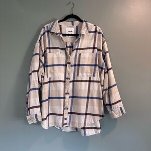 aerie Cream Plaid Button-Down Shirt with Blue & Brown Lines